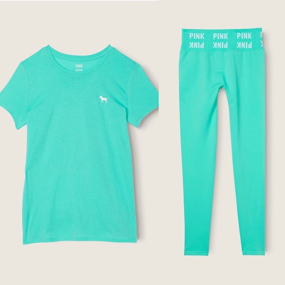 VS Pink 3-Piece SET Teal Ice Shine Perfect Tee With Seamless Leggings & Bra - Picture 16 of 16